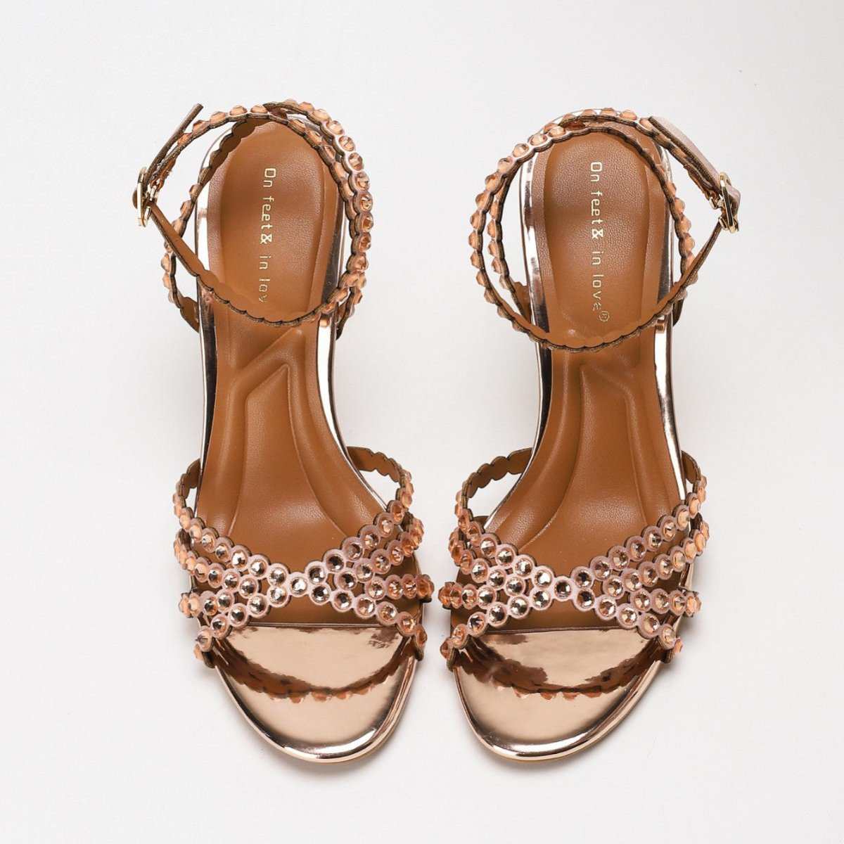 elegant high-heel sandals with rhinestone accents and adjustable buckle