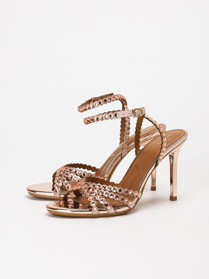 Elegant high heel sandals with rhinestone accents and adjustable buckle