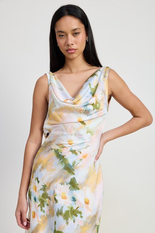 Lush Florals Cowl Neck Midi Dress - Yourstylesite