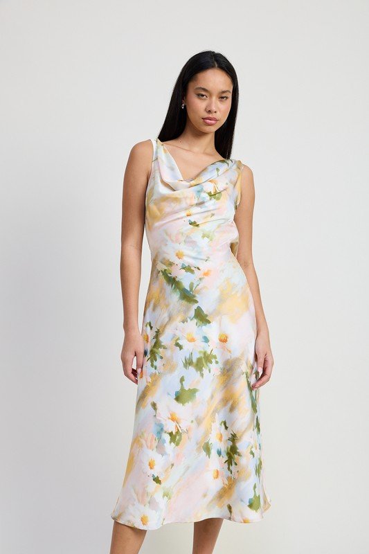 Lush Florals Cowl Neck Midi Dress - Yourstylesite