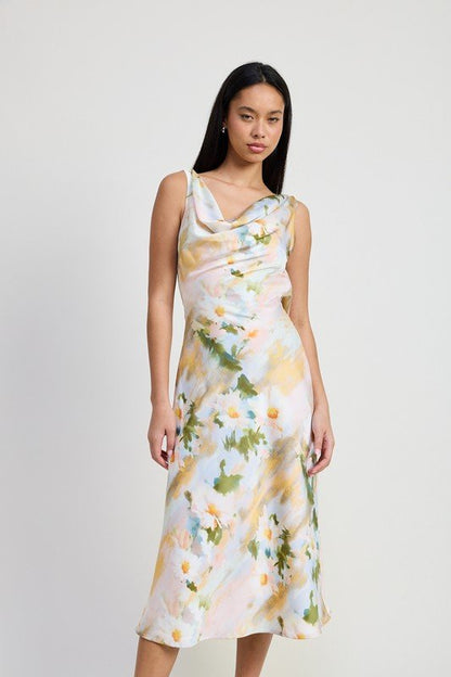 Lush Florals Cowl Neck Midi Dress - Yourstylesite