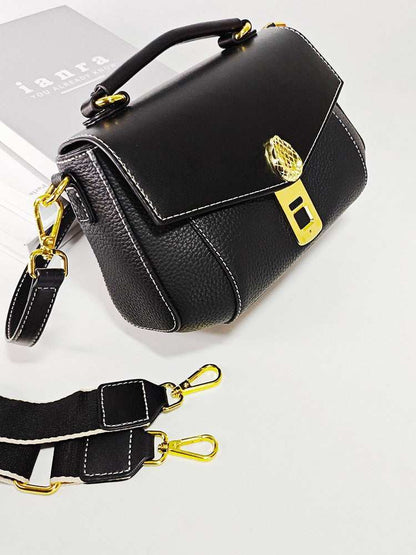 Luxury Anti-Theft Fingerprint Lock Shoulder Bag in black leather with gold hardware, flap clasp and adjustable straps