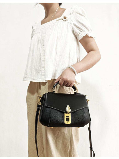 Luxury Anti-Theft Fingerprint Lock Shoulder Bag in black genuine leather with solid finish, hard handle and clasp