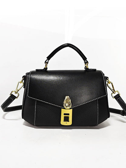 Luxury Anti-Theft Fingerprint Lock Shoulder Bag in black leather with white stitching, gold clasp and top handle