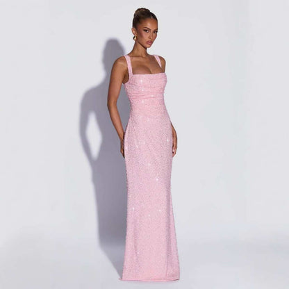 Elegant sparkle and shine sequin strapless maxi dress with high slit