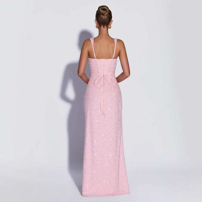 Sparkle &amp; Shine strapless sequin maxi dress with high slit and A-line silhouette