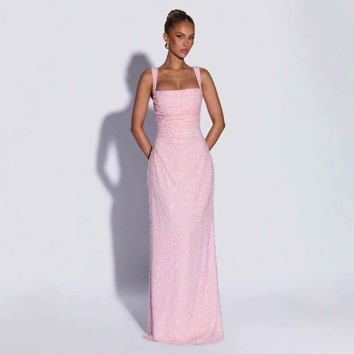 Sparkle &amp; Shine sequin strapless maxi dress with high slit and A-line silhouette