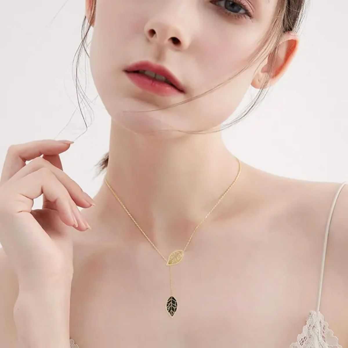 Sterling silver leaf Y-necklace with black onyx and zirconia