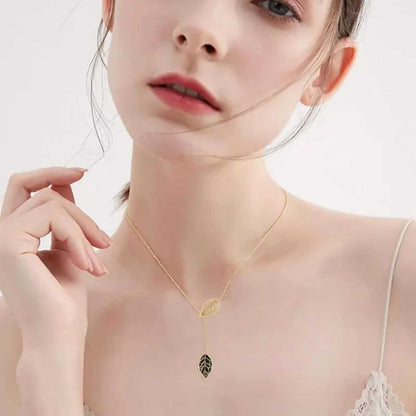 Sterling silver leaf Y-necklace with black onyx and zirconia