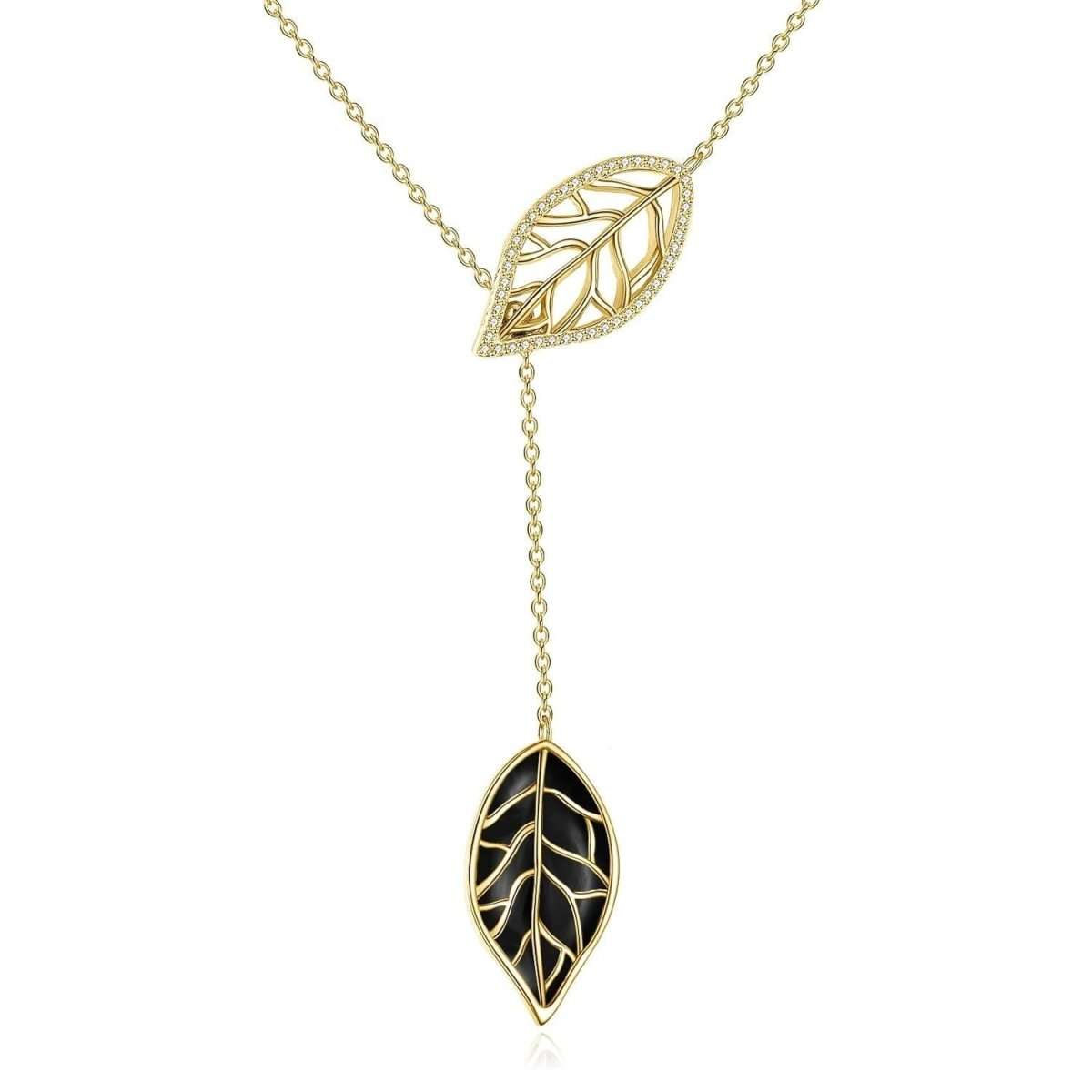 Sterling silver leaf Y-necklace with black onyx and zirconia pendant