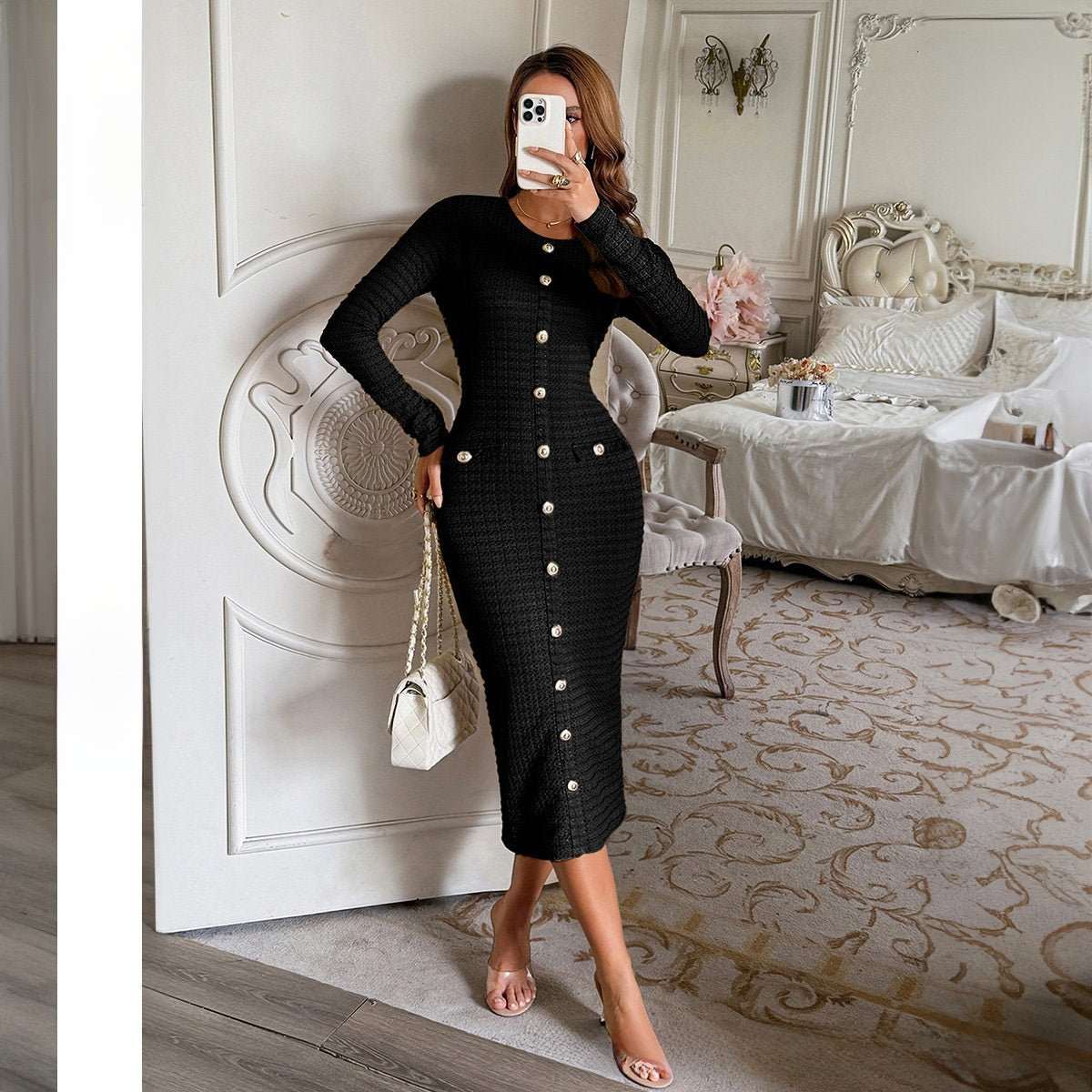 Woman wearing structured knit long-sleeve sweater dress in black