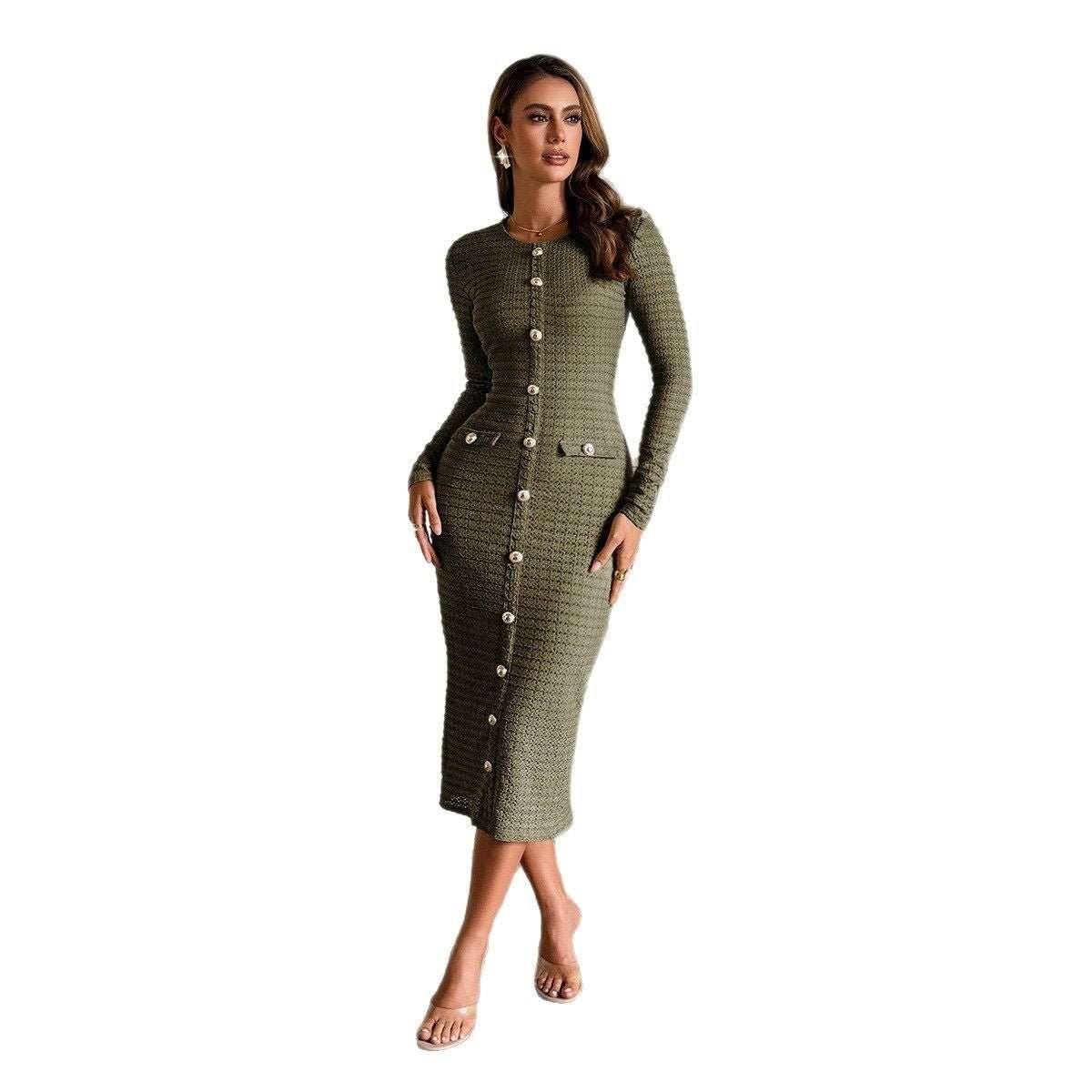 Structured knit long-sleeve sweater dress in black with fitted silhouette
