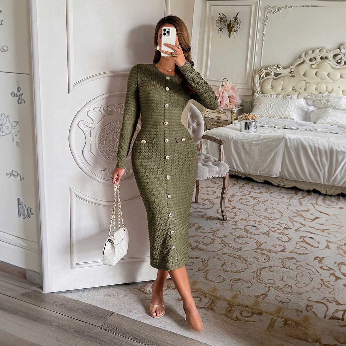 Woman wearing structured knit long-sleeve sweater dress black