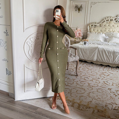 Woman wearing structured knit long-sleeve sweater dress black