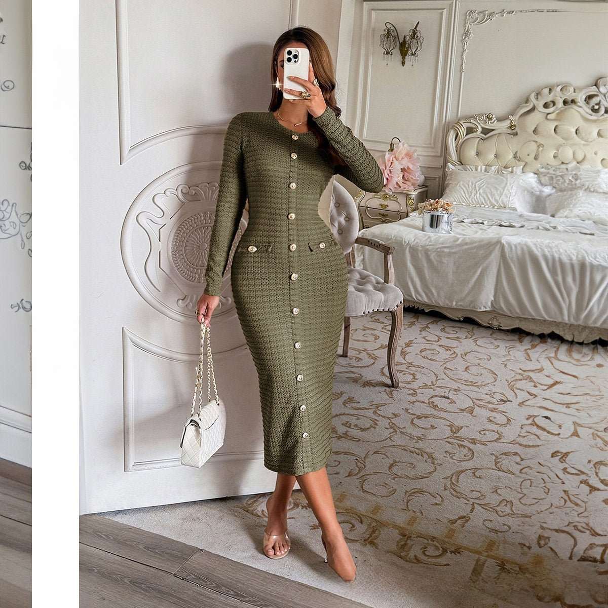 Woman wearing structured knit long-sleeve sweater dress in black