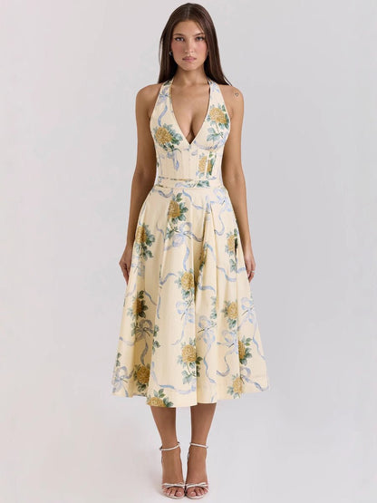 Stylish Floral Print Halter Neck Summer A-Line Dress - Yourstylesite