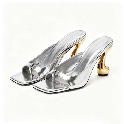 Trendy Metallic Square-Toe Chunky Heel Sandals - Yourstylesite