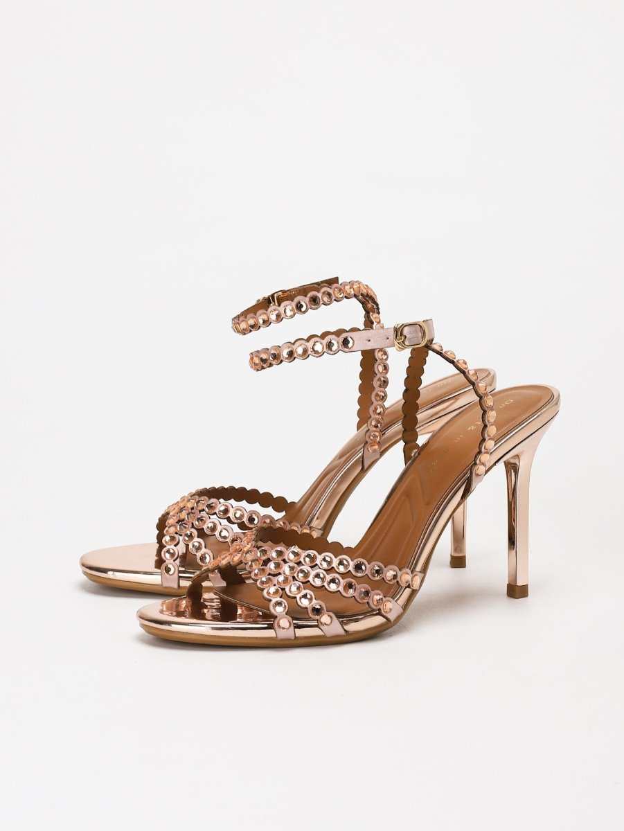 Elegant versatile high-heel sandals with rhinestone accents and adjustable buckle