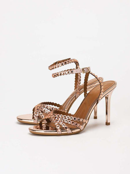 Elegant versatile high-heel sandals with rhinestone accents and adjustable buckle