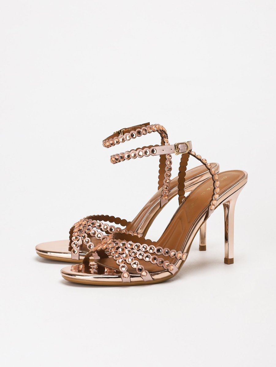 Elegant versatile high-heel sandals with rhinestone accents and adjustable buckle