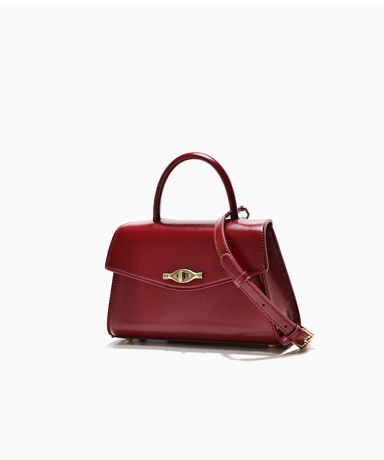 Vintage Metal Buckle burgundy crossbody handbag in smooth synthetic leather with top handle and flap clasp