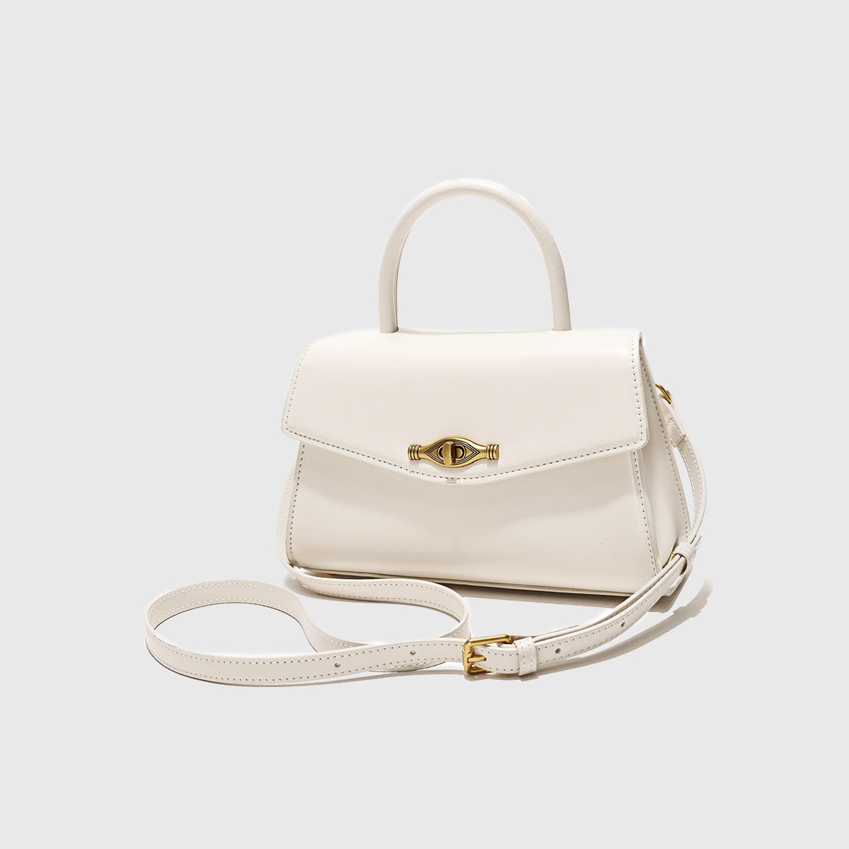 Vintage Metal Buckle cream white synthetic leather crossbody handbag with top handle and adjustable strap