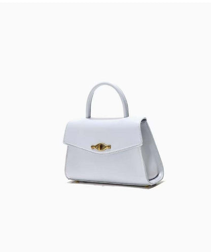 Vintage Metal Buckle handbag in white synthetic leather with structured shape, top handle, and flap closure