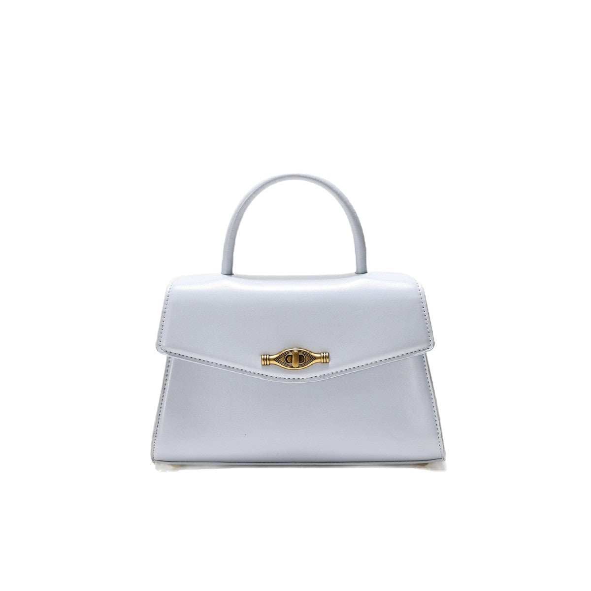 Vintage Metal Buckle handbag in white synthetic leather with structured shape, top handle, and gold clasp