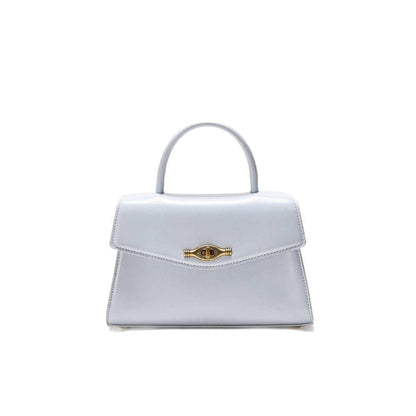 Vintage Metal Buckle handbag in white synthetic leather with structured shape, top handle, and gold clasp
