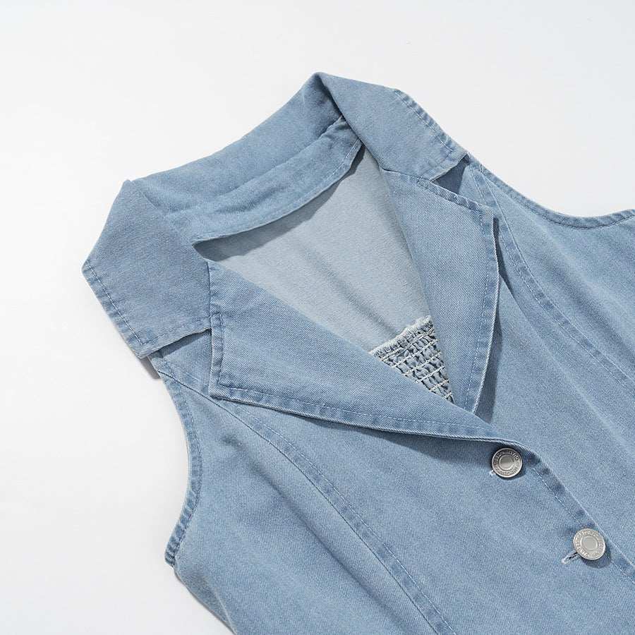 womens modern long denim dress with high waist and lapel collar