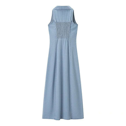 womens modern long denim dress with high waist and lapel collar in light blue