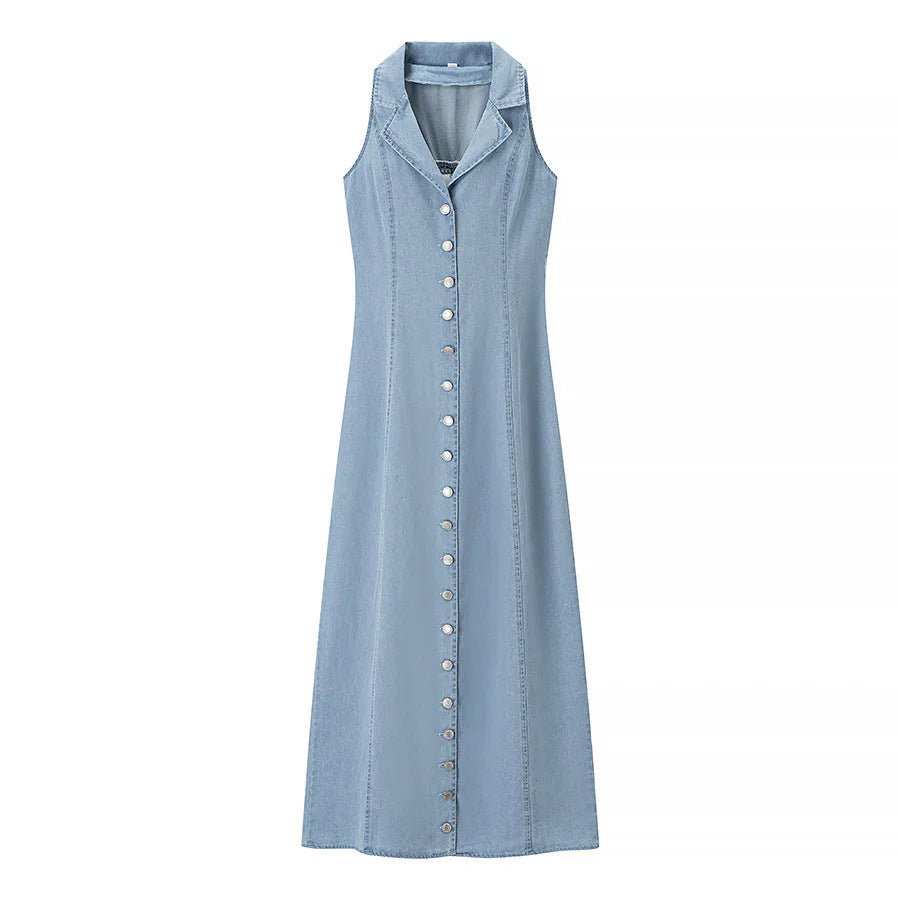 Womens modern long light blue long sleeve denim dress with lapel collar and high waist
