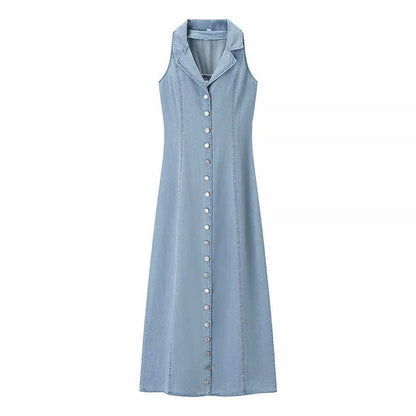 Womens modern long light blue long sleeve denim dress with lapel collar and high waist