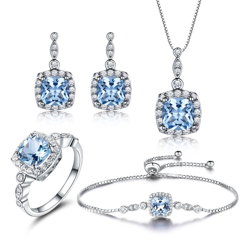 925 Sterling Silver Necklace Sky Blue Topaz Four-Piece Set - YOURSTYLESITE