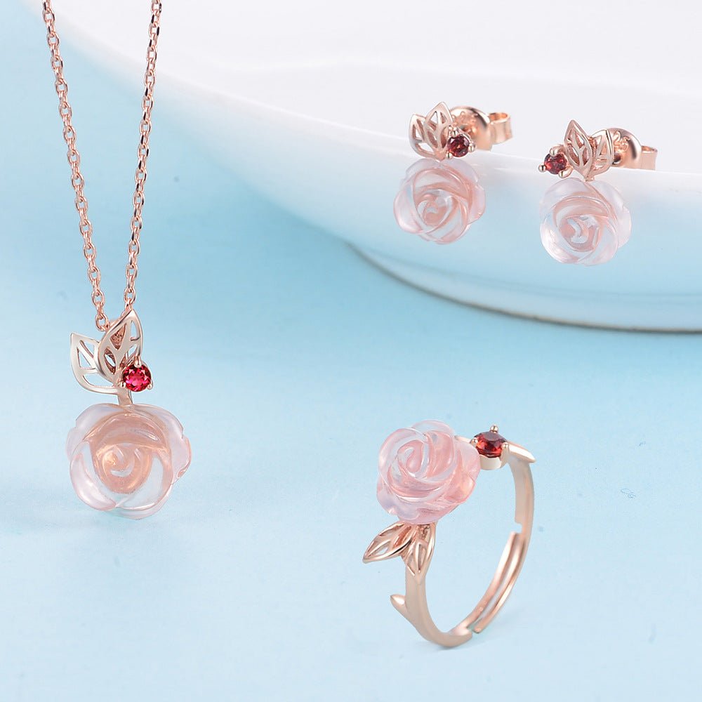 Rose Quartz Gemstone Flower Necklace Set in 18K Rose Gold Plated Silver - Fine Jewelry Collection&quot; - YOURSTYLESITE