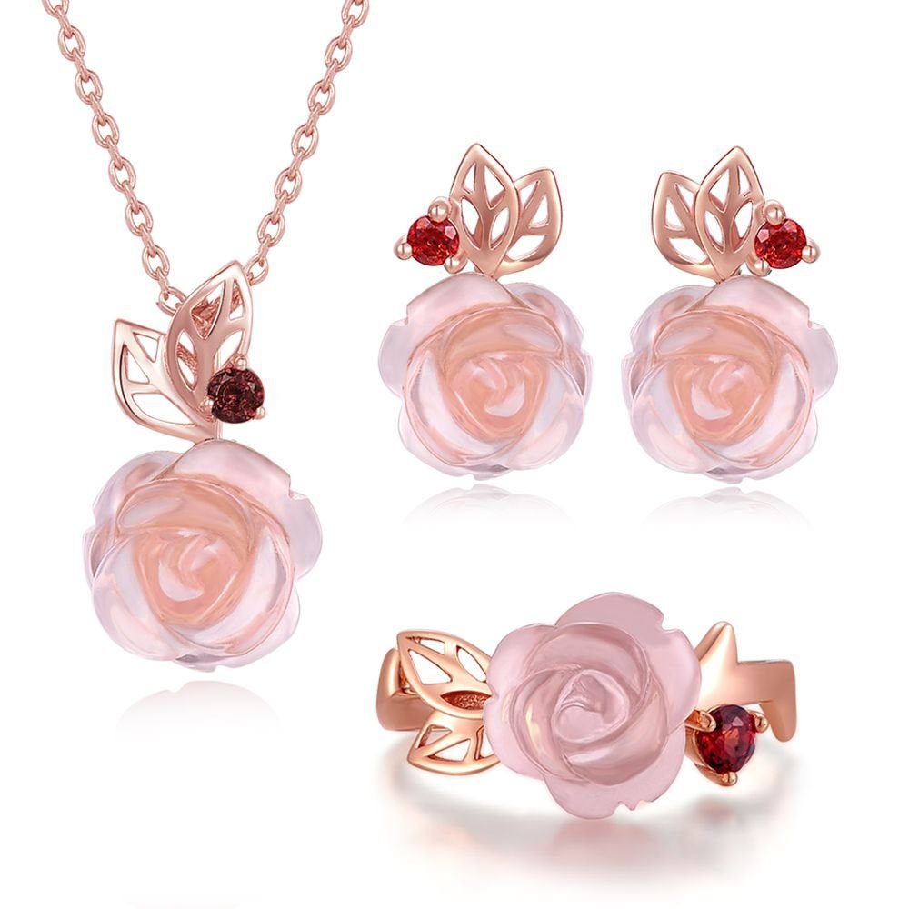 Rose Quartz Gemstone Flower Necklace Set in 18K Rose Gold Plated Silver - Fine Jewelry Collection&quot; - YOURSTYLESITE