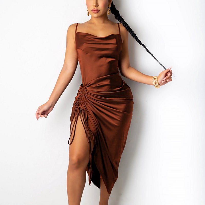 Ruffled Satin Drawstring Dress - Long Skirt for Women - YOURSTYLESITE