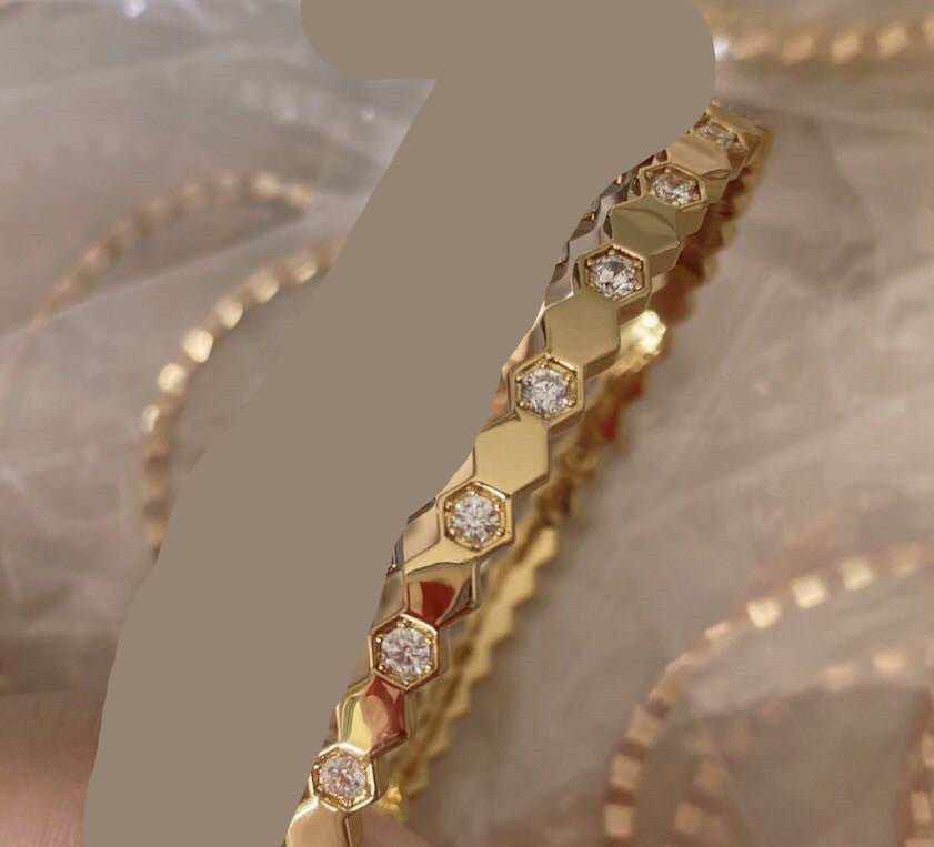 Sterling Silver Honeycomb Bracelet in gold electroplating with hexagonal pattern and small embedded crystals, elegant and shiny